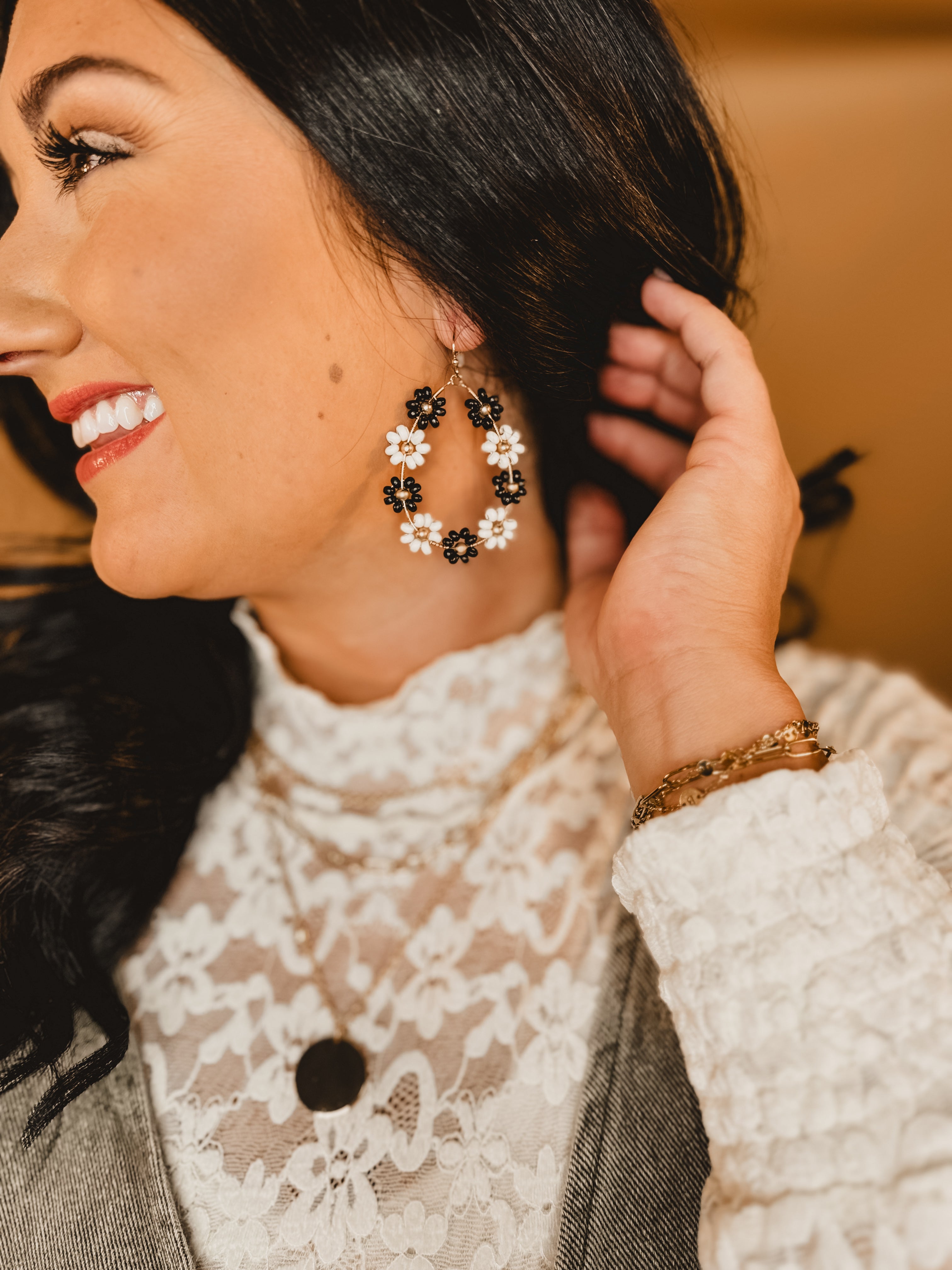 Beaded Flower Hoops - Black/White - Lace and Grace Boutique