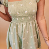 Daisy Embroidery Smocked Puff Sleeve Mini Dress - Light Sage