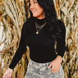 High Neck Long Sleeve Ribbed Bodysuit - Black