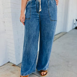 High Waist Wide Leg Washed Chambray Pants - Denim