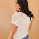 Drop Shoulder Crochet Knit Pullover Sweater - Cream