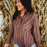Striped Collared Button Down Top - Brown