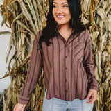 Striped Collared Button Down Top - Brown
