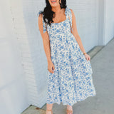 Floral Print Ruffle Tiered Midi Dress - Blue