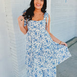 Floral Print Ruffle Tiered Midi Dress - Blue