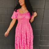 Textured Embroidered Midi Dress - Hibiscus