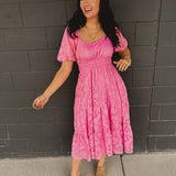 Textured Embroidered Midi Dress - Hibiscus