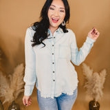 Casual Denim Button-Up Top - Light Wash