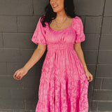 Textured Embroidered Midi Dress - Hibiscus