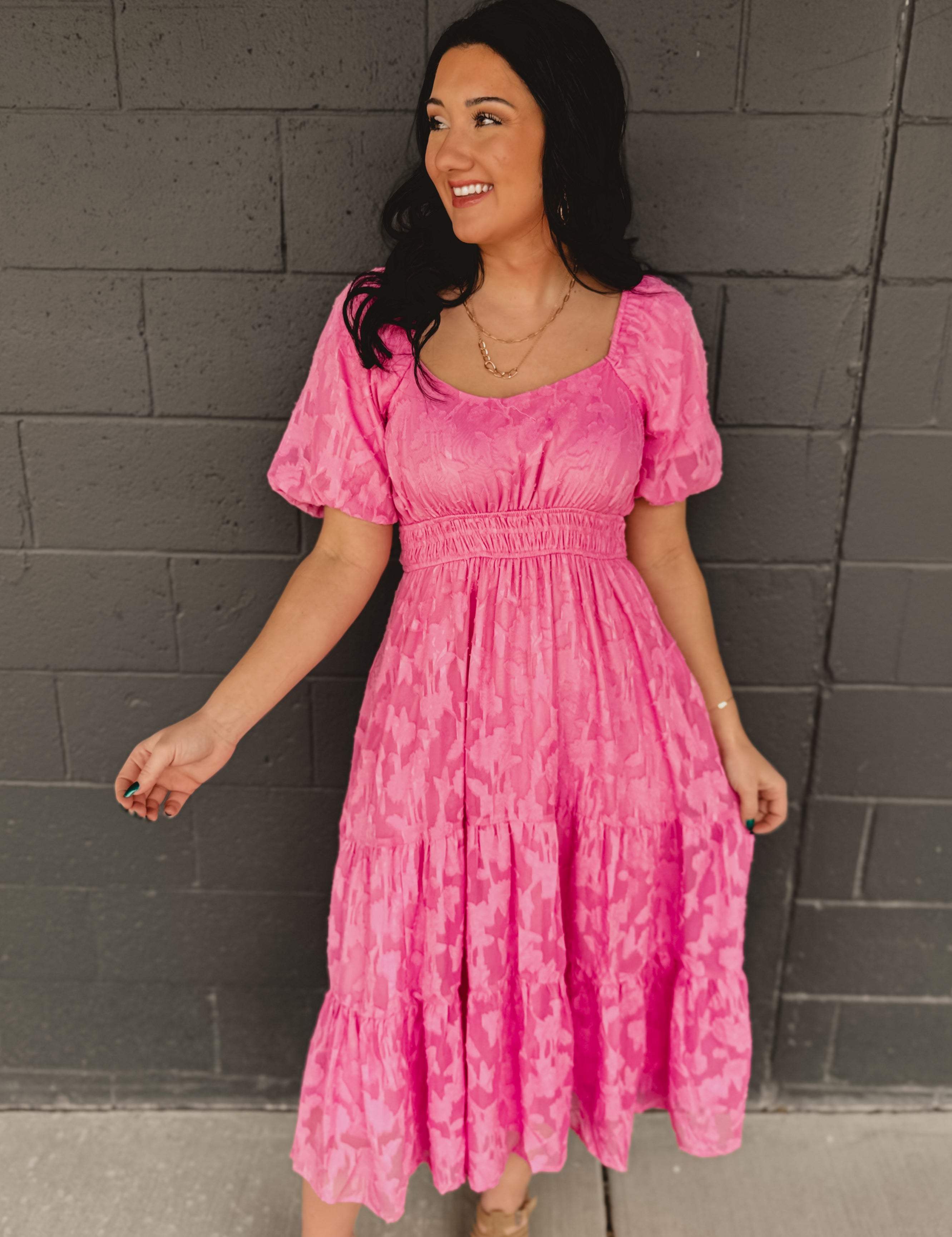 Textured Embroidered Midi Dress - Hibiscus Large Textured Embroidered Midi Dress - Hibiscus Large
