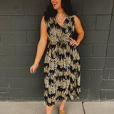 Floral Sleeveless Midi Dress - Black/Yellow