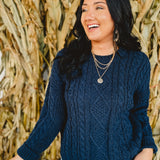 Cable Knit Crewneck Long Sleeve Sweater - Navy