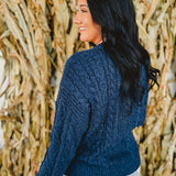 Cable Knit Crewneck Long Sleeve Sweater - Navy