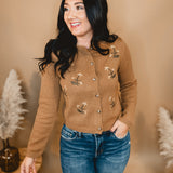 Floral Embroidered Cardigan - Brown