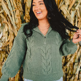 Chunky Cable Knit Half Zip Sweater - Sage