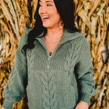 Chunky Cable Knit Half Zip Sweater - Sage