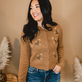 Floral Embroidered Cardigan - Brown