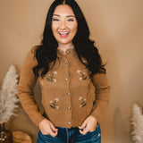 Floral Embroidered Cardigan - Brown