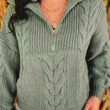 Chunky Cable Knit Half Zip Sweater - Sage