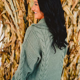 Chunky Cable Knit Half Zip Sweater - Sage