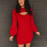 Cut-Out Detail Long Sleeve Sweater Mini Dress - Red