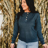 Waffle Knit Henley Side Slit Top - Dark Teal
