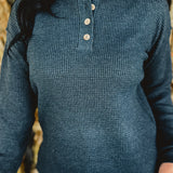 Waffle Knit Henley Side Slit Top - Dark Teal