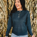 Waffle Knit Henley Side Slit Top - Dark Teal