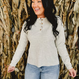 Waffle Knit Henley Side Slit Top - Oatmeal