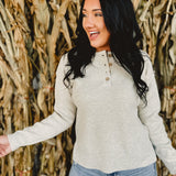 Waffle Knit Henley Side Slit Top - Oatmeal