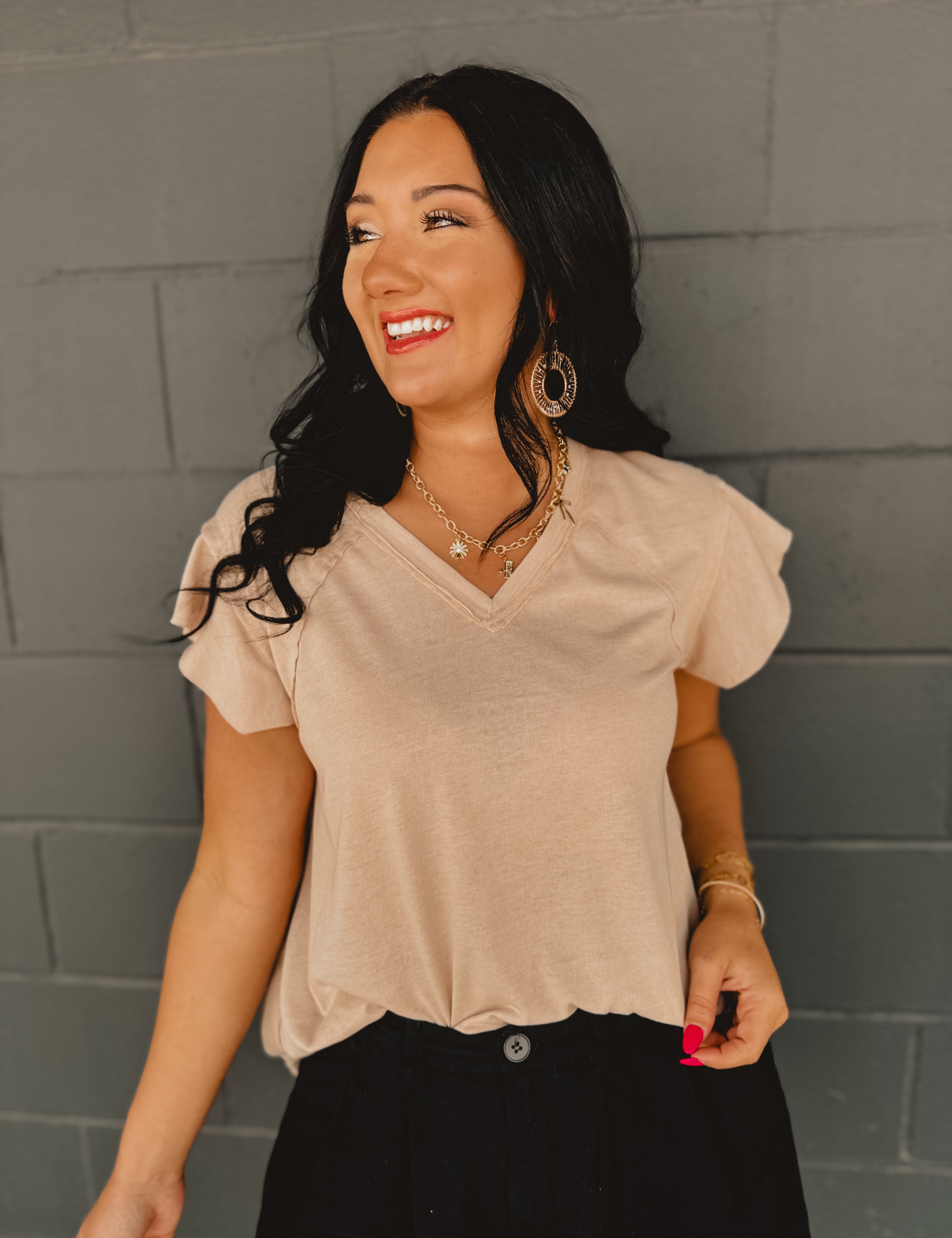 POL V-Neck Ruffle Sleeve Solid Basic Top - Beige - Lace and Grace Boutique
