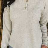 Waffle Knit Henley Side Slit Top - Oatmeal