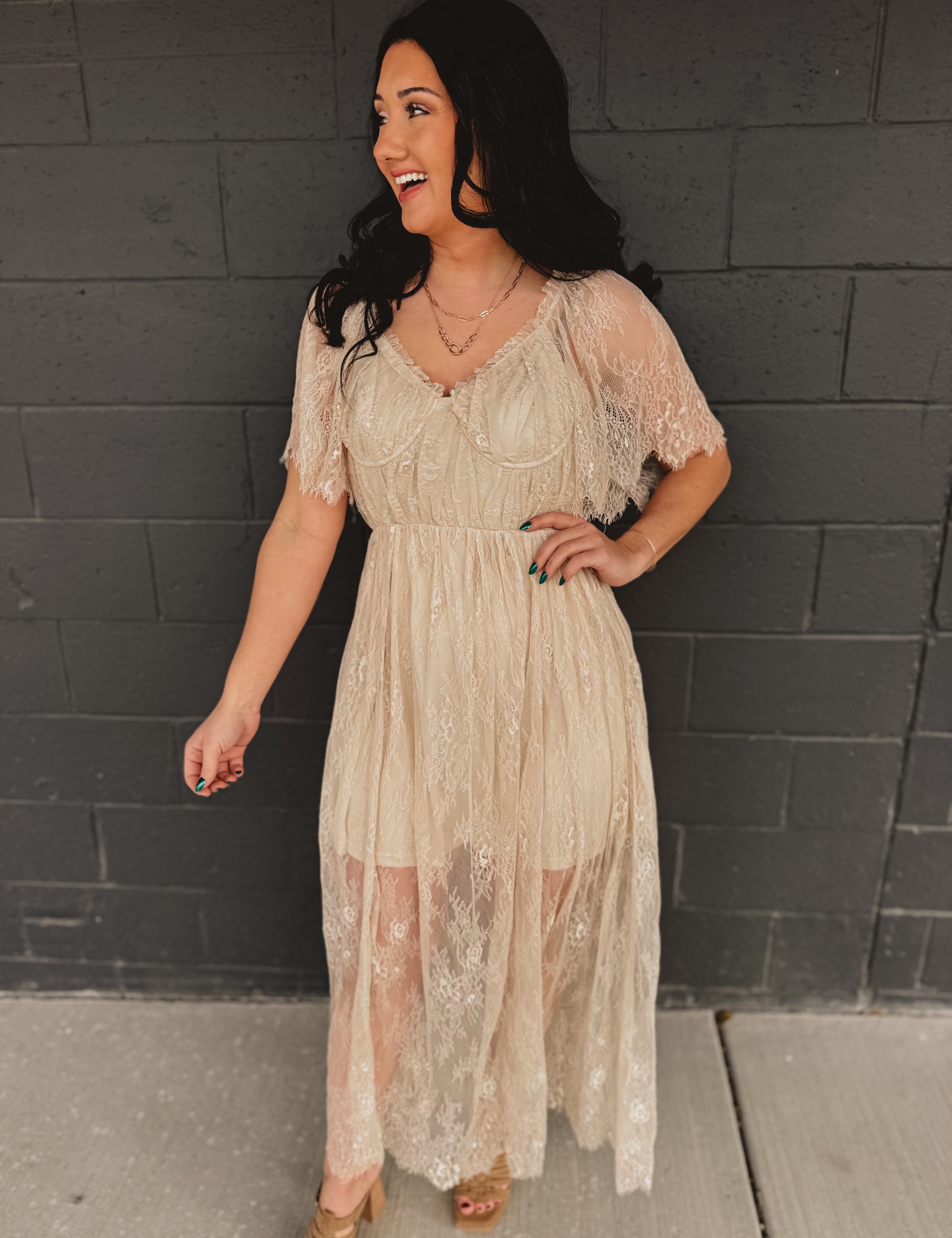 Floral Lace Overlay Maxi Dress - Natural Small Floral Lace Overlay Maxi Dress - Natural Small