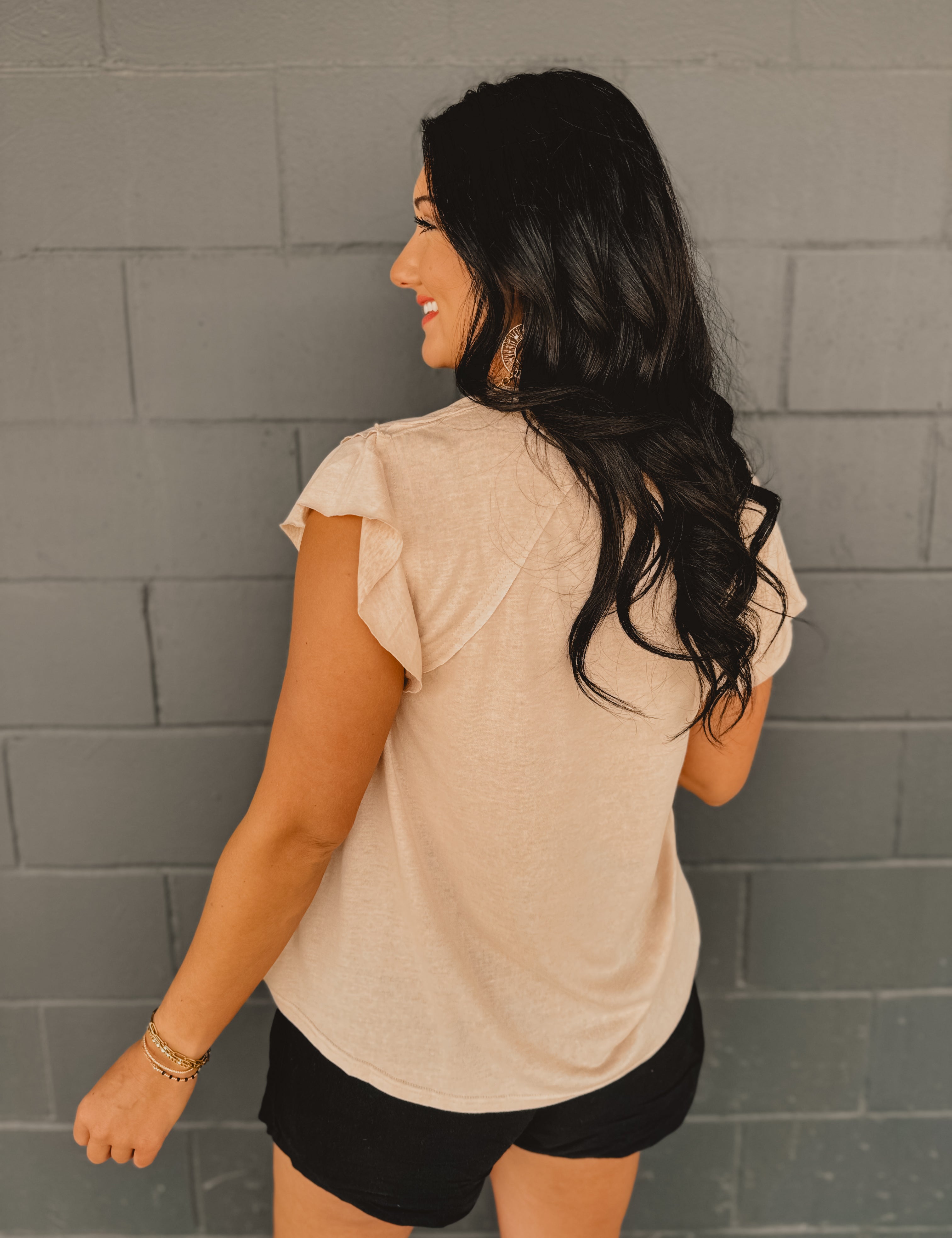 POL V-Neck Ruffle Sleeve Solid Basic Top - Beige - Lace and Grace Boutique
