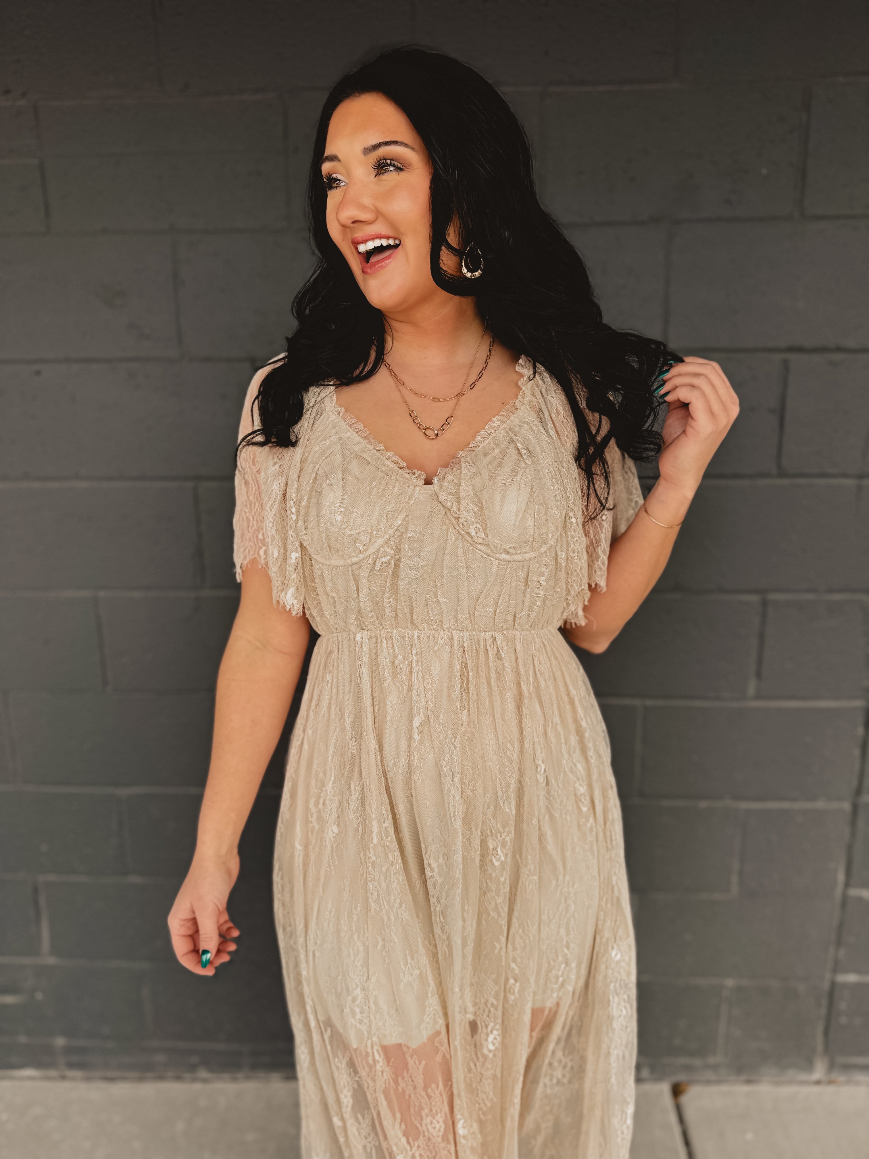 Floral Lace Overlay Maxi Dress - Natural Small Floral Lace Overlay Maxi Dress - Natural Small