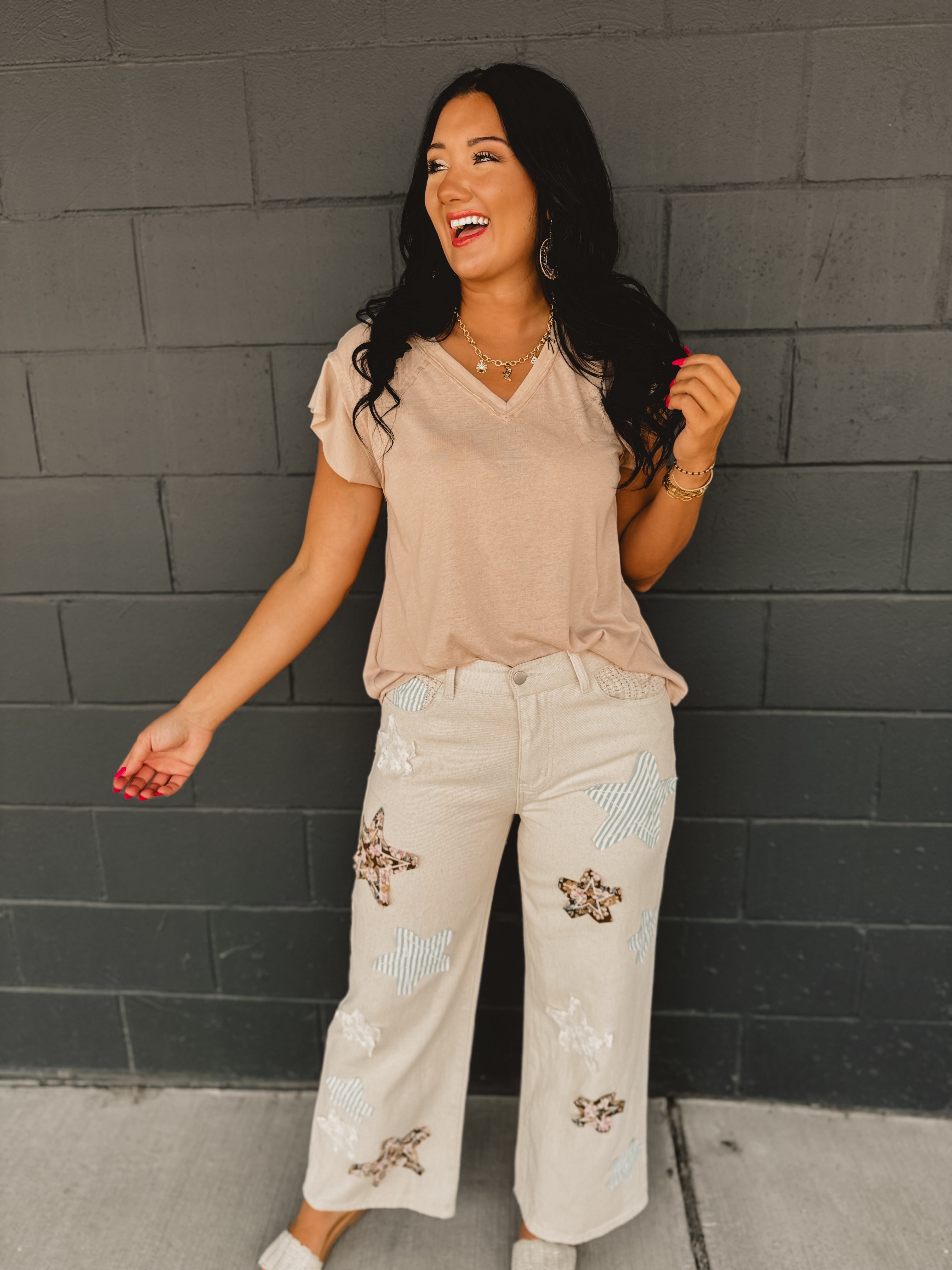 POL Patch Detail Regular Fit Twill Pants - Oatmilk - Lace and Grace Boutique
