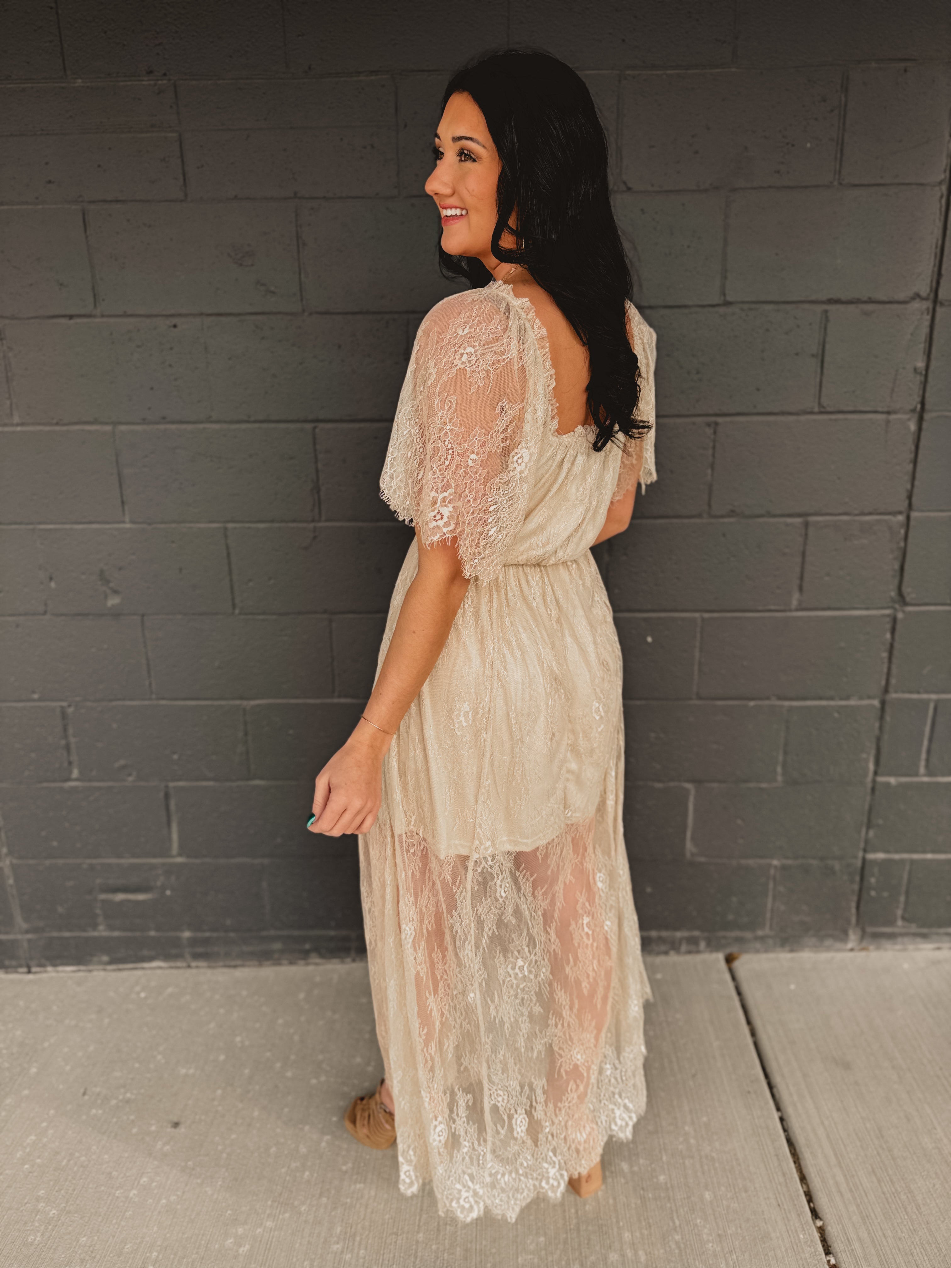 Floral Lace Overlay Maxi Dress - Natural Small Floral Lace Overlay Maxi Dress - Natural Small
