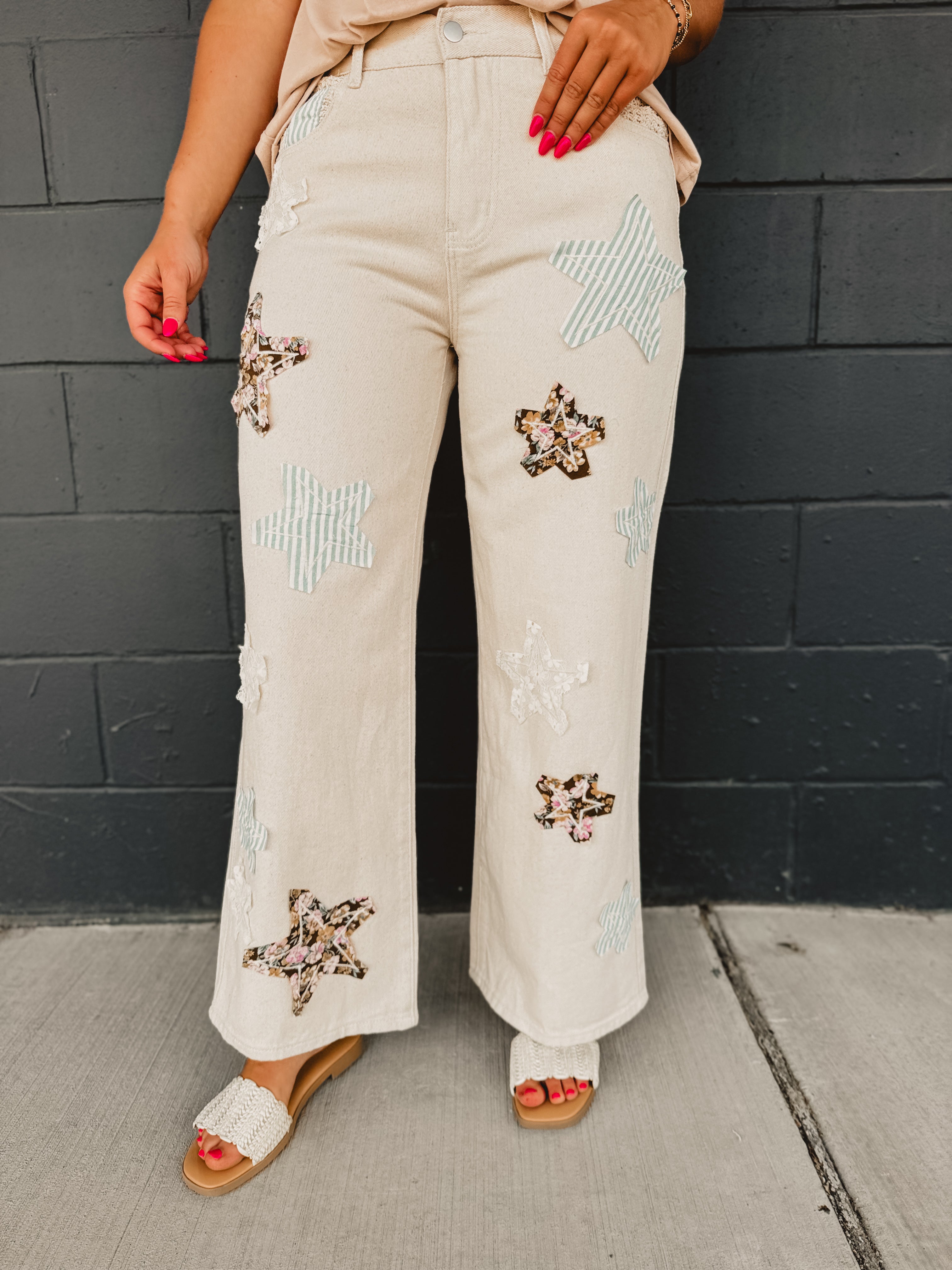 POL Patch Detail Regular Fit Twill Pants - Oatmilk - Lace and Grace Boutique