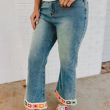 Crochet Trim Straight Leg Denim Jeans - Light Denim