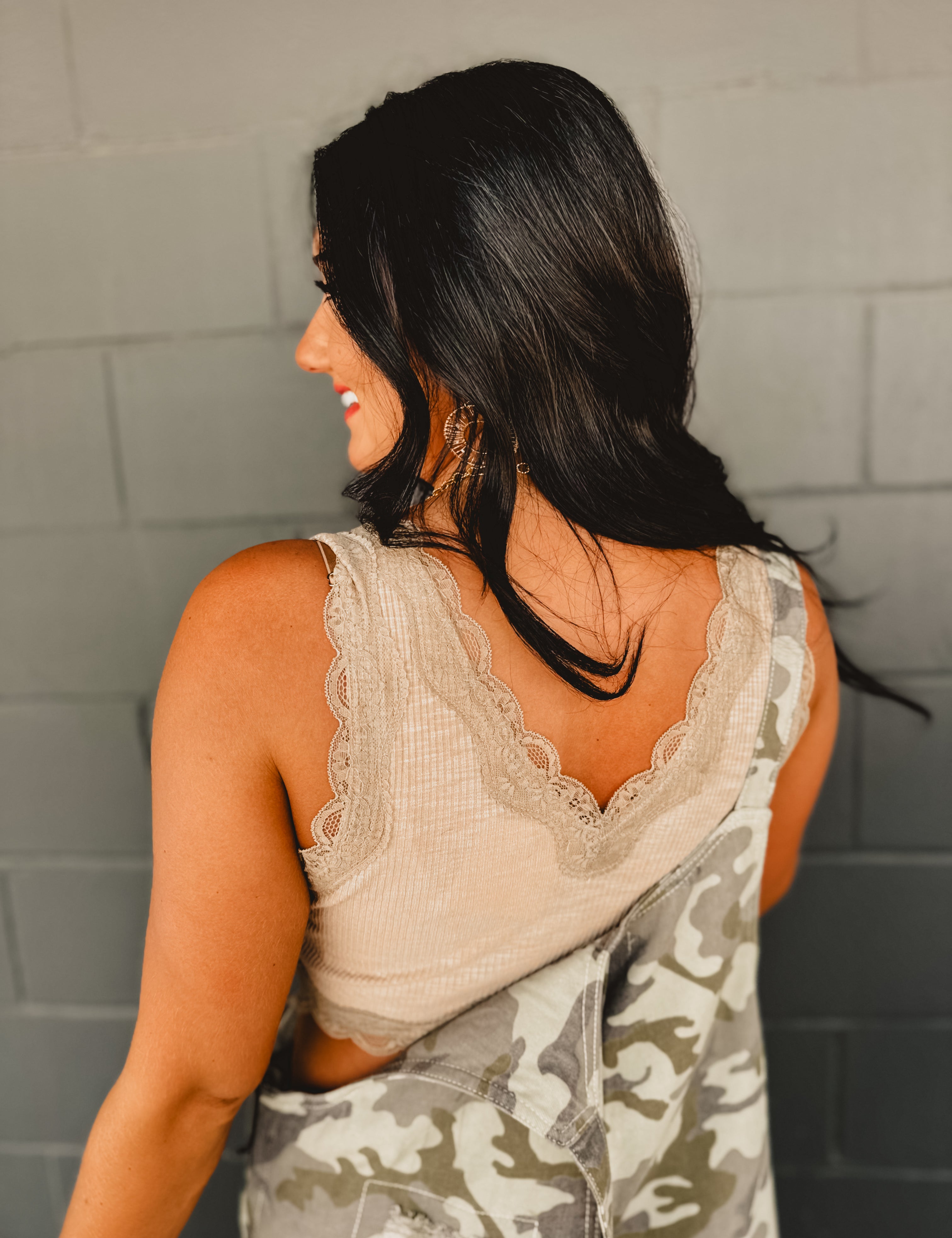 POL Lace Detail Cropped Tank Top - Dried Taupe - Lace and Grace Boutique