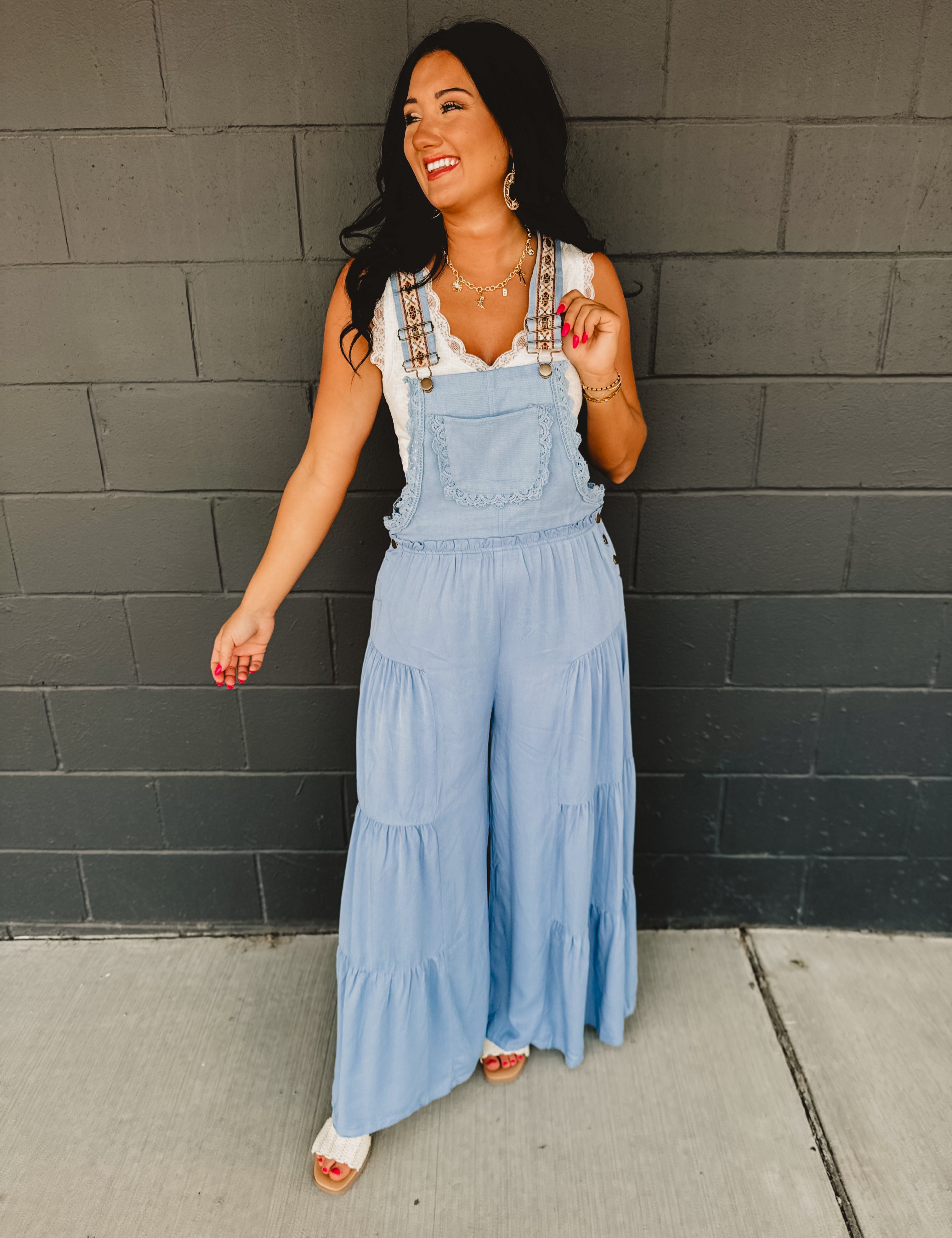 Lace Trim Tiered Jumpsuit - Dusty Blue - Lace and Grace Boutique