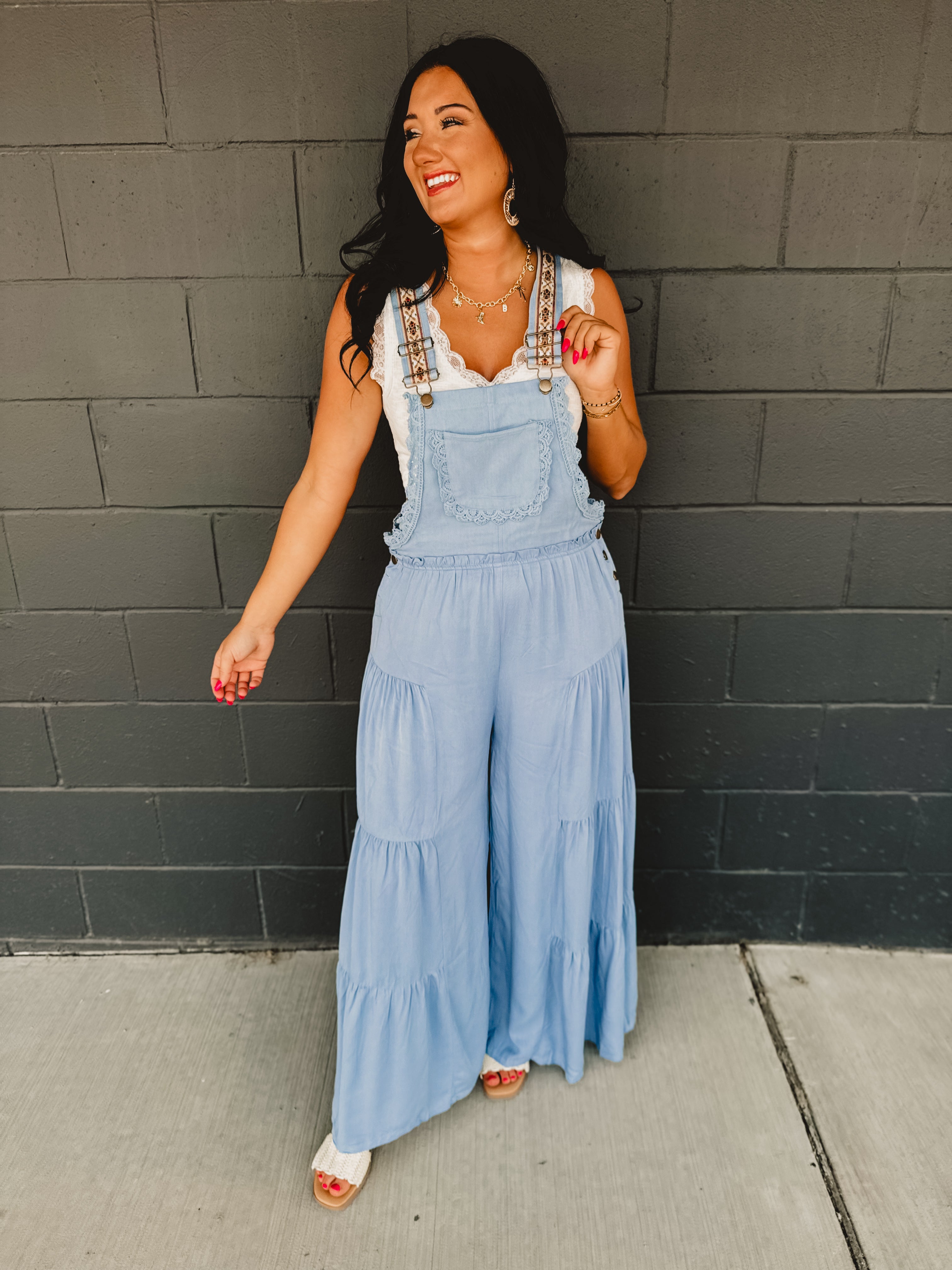 Lace Trim Tiered Jumpsuit - Dusty Blue - Lace and Grace Boutique