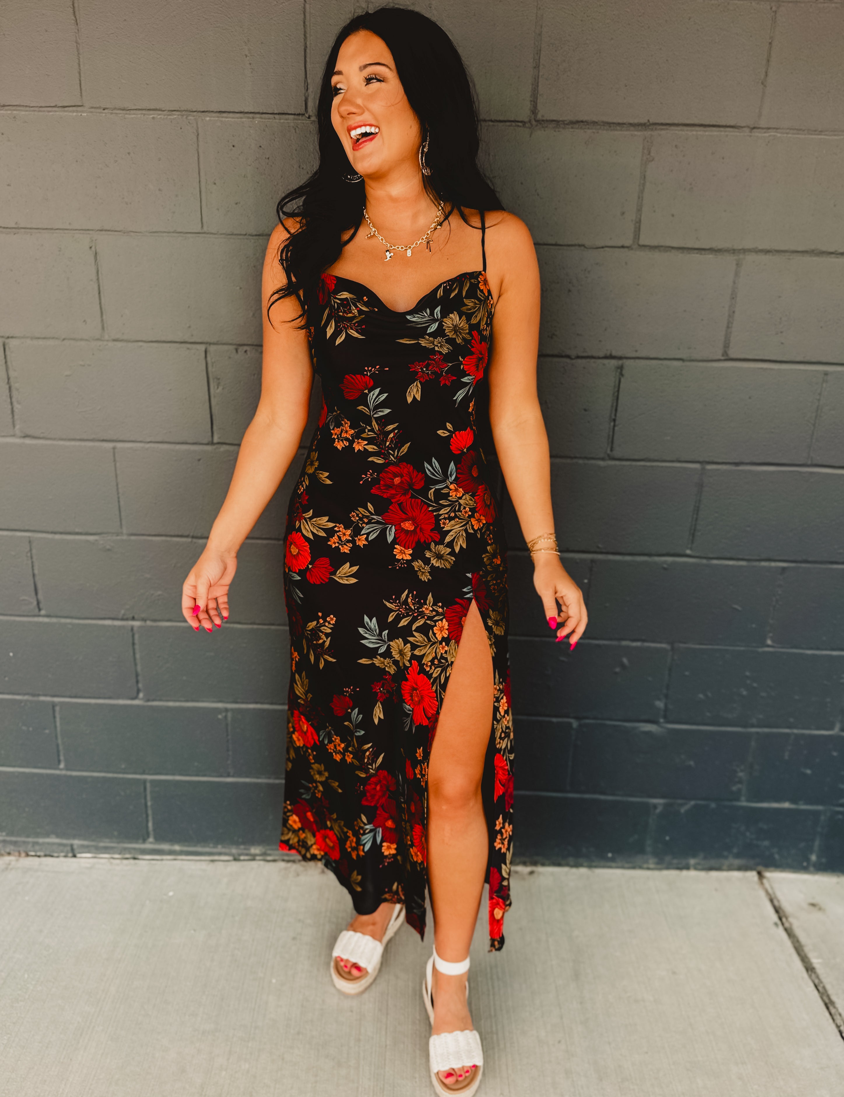 Black Satin Dress - Floral - Lace and Grace Boutique