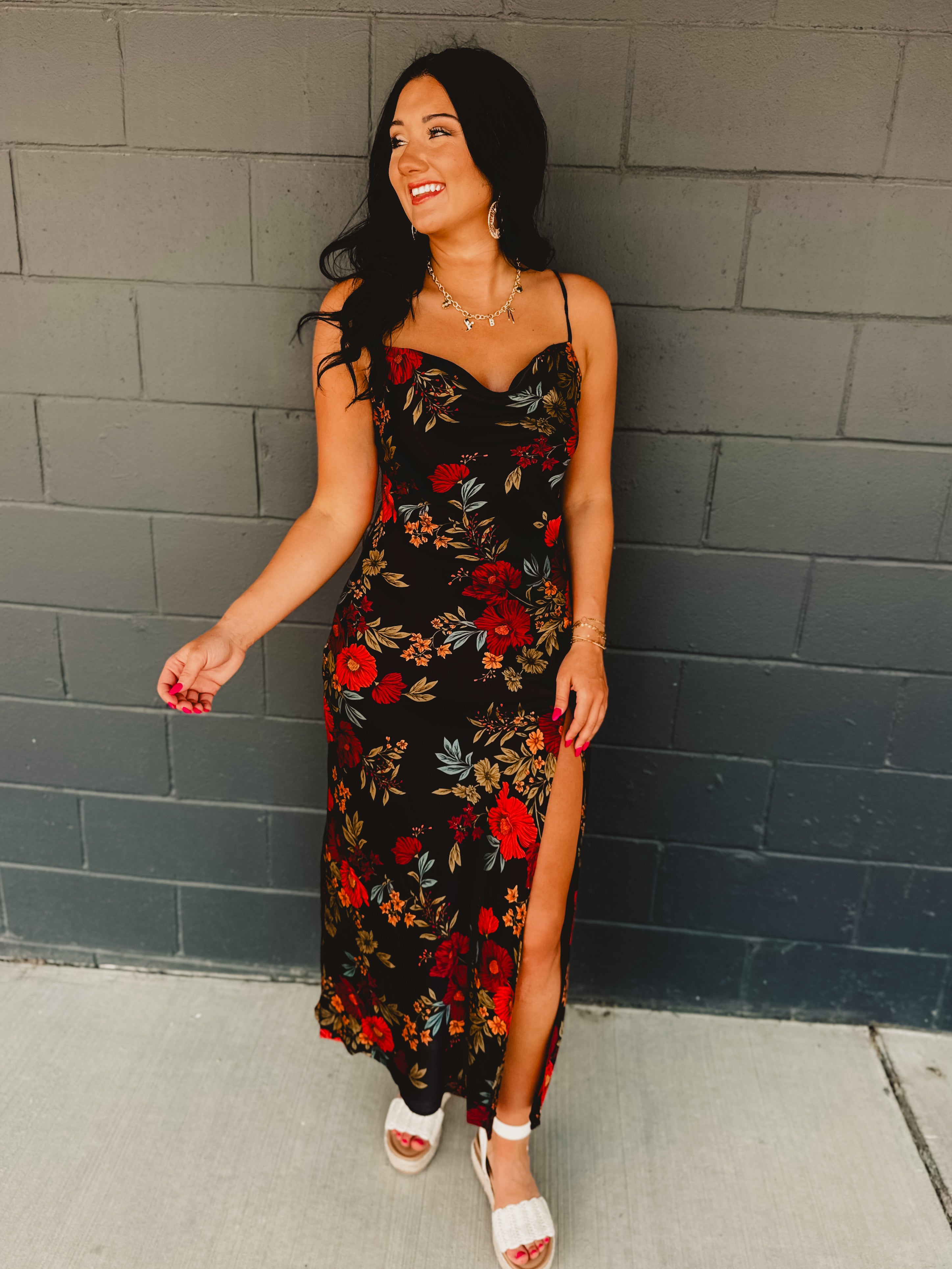 Black Satin Dress - Floral Large Black Satin Dress - Floral Large