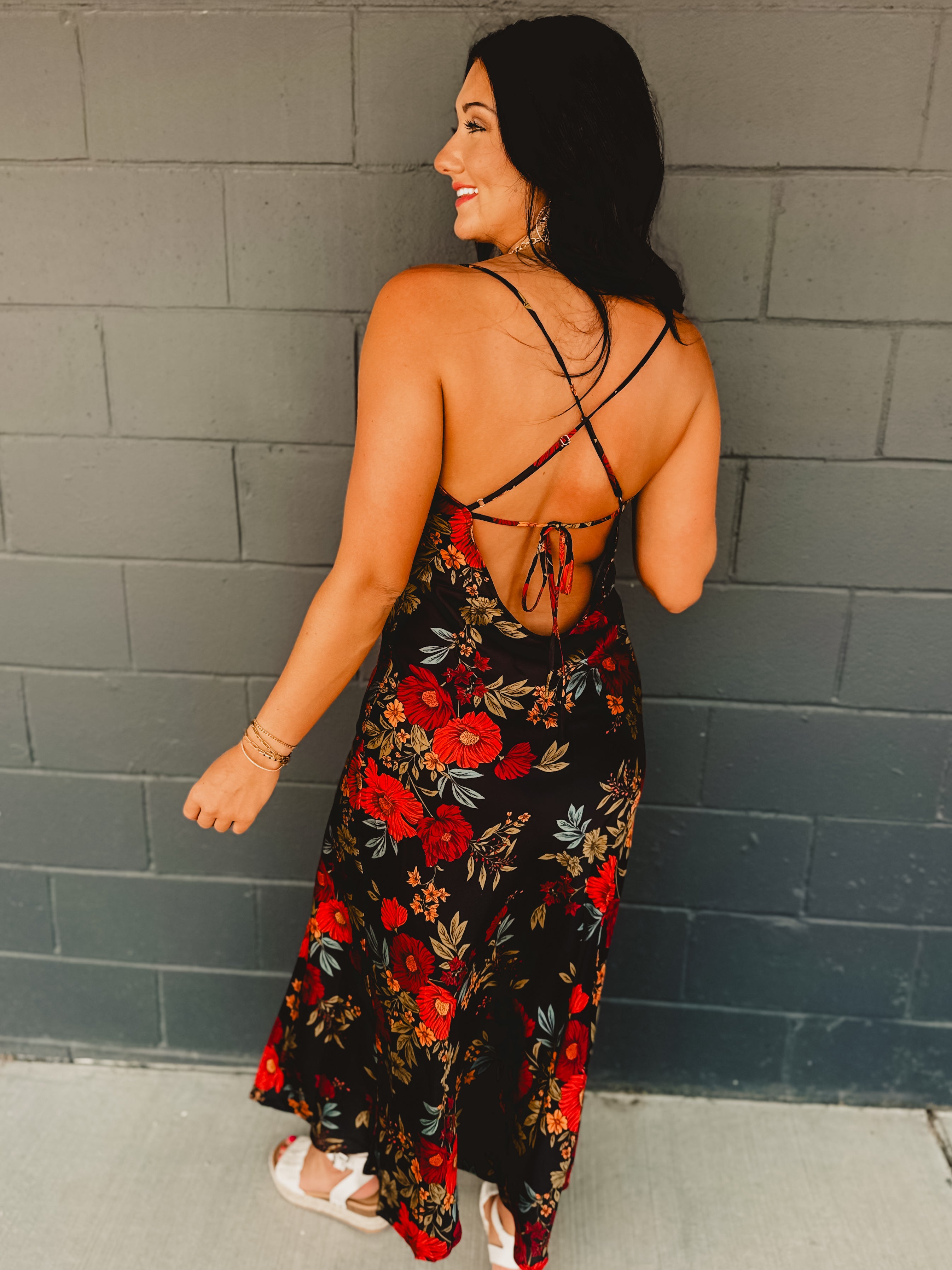 Black Satin Dress - Floral Large Black Satin Dress - Floral Large