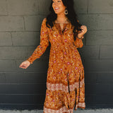 Border Print Long Sleeve Maxi Dress - Pumpkin