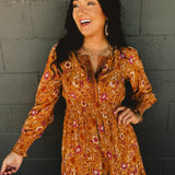 Border Print Long Sleeve Maxi Dress - Pumpkin