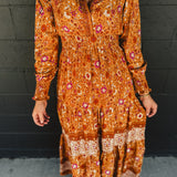 Border Print Long Sleeve Maxi Dress - Pumpkin