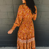 Border Print Long Sleeve Maxi Dress - Pumpkin
