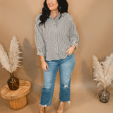 Striped Button Up Long Sleeve Top - Black/Cream